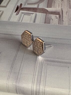 Tory Burch Hexagon Logo Silver Plated Stud Earrings